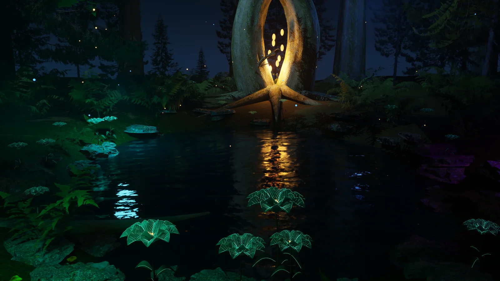 A glowing stone archway reflected in a dark forest pool surrounded by bioluminescent plants
