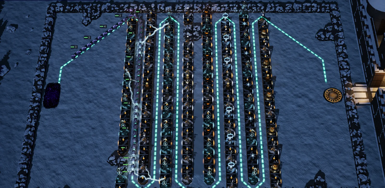 A snowy field at night packed with a long serpentine maze of glowing towers and a cyan path