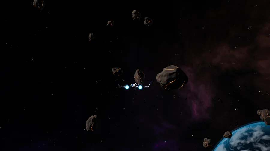 The white and blue strike fighter, cyan engines lit, threads an asteroid field above a blue planet