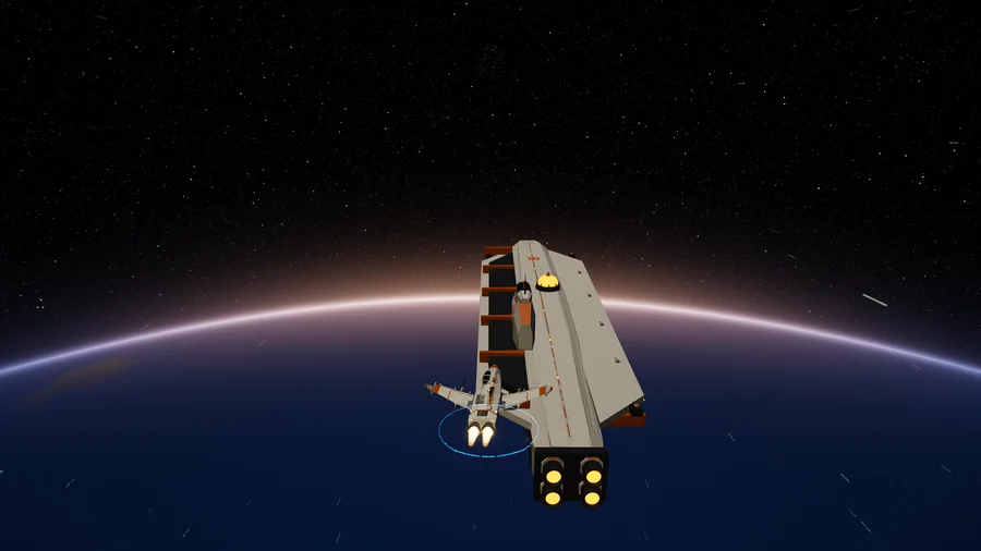 The old carrier rises toward a fighter over a glowing planet edge