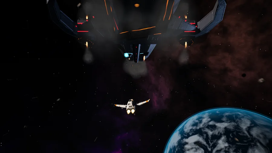 Fighter passing under the keel of a burning warship