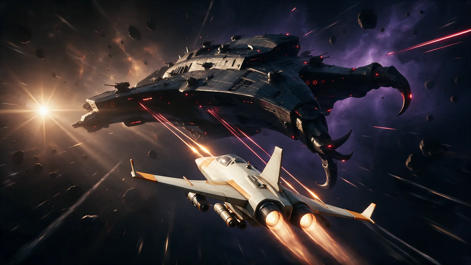 A cream and orange strike fighter banks past a clawed enemy warship under a flare of light